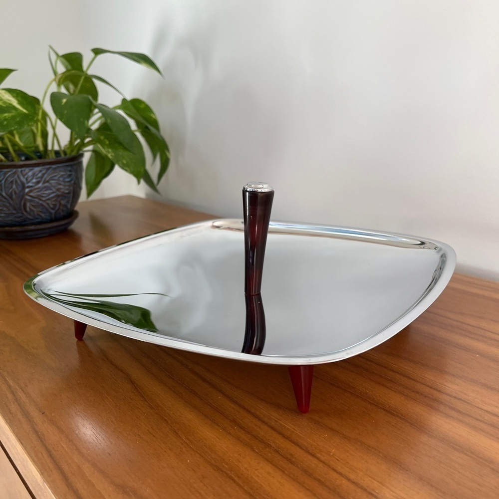 VINTAGE Glo-Hill Gourmates Chrome Bakelite Serving Tray Original Box Mid-Century